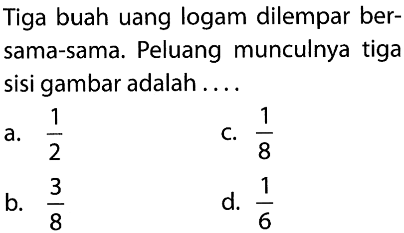 Tiga buah uang logam dilempar bersama-sama. Peluang munculnya tiga sisi gambar adalah ...