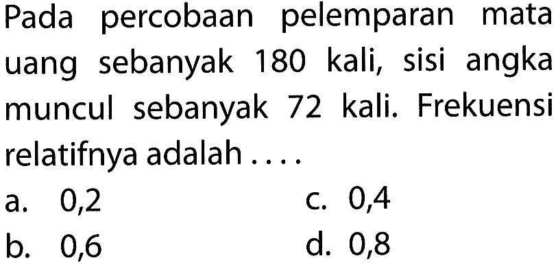 Pada percobaan pelemparan mata uang sebanyak 180 kali, sisi angka muncul sebanyak 72 kali. Frekuensi relatifnya adalah....