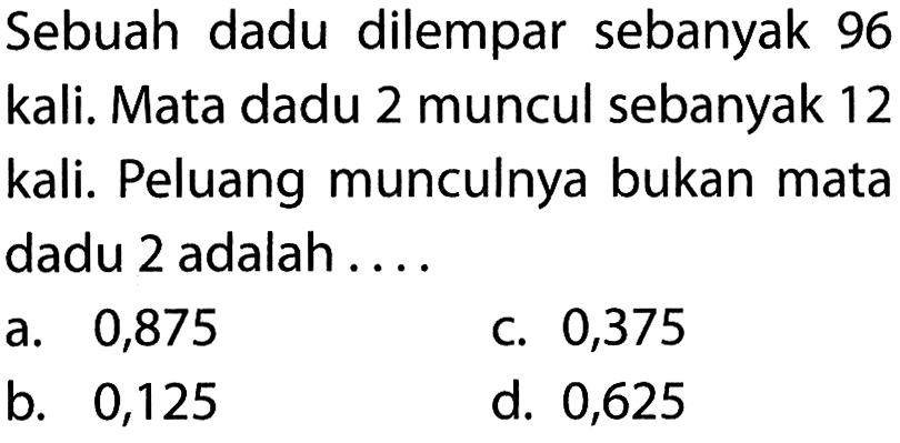 Sebuah dadu dilempar sebanyak 96 kali. Mata dadu 2 muncul sebanyak 12 kali. Peluang munculnya bukan mata dadu 2 adalah .... 