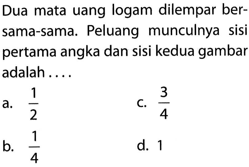 Dua mata uang logam dilempar bersama-sama. Peluang munculnya sisi pertama angka dan sisi kedua gambar adalah ....