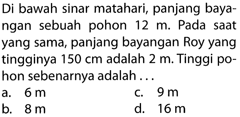 Di bawah sinar matahari, panjang bayangan sebuah pohon  12 m . Pada saat yang sama, panjang bayangan Roy yang tingginya  150 cm  adalah  2 m . Tinggi pohon sebenarnya adalah...