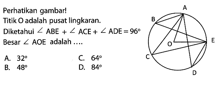 Perhatikan gambar! A B C D E O 
Titik O adalah pusat lingkaran.
Diketahui sudut ABE + sudut ACE + sudut ADE = 96 
Besar sudut AOE adalah....
A.  32 
C.  64 
B.  48 
D.  84 