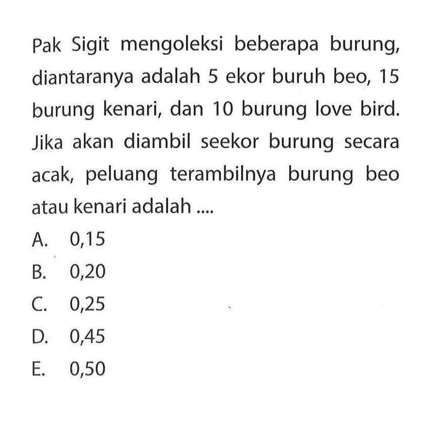 Pak Sigit mengoleksi beberapa burung, diantaranya adalah 5 ekor buruh beo, 15 burung kenari, dan 10 burung love bird. Jika akan diambil seekor burung secara acak, peluang terambilnya burung beo atau kenari adalah ....
