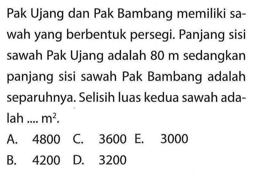 Pak Ujang dan Pak Bambang memiliki sawah yang berbentuk persegi. Panjang sisi sawah Pak Ujang adalah  80 m  sedangkan panjang sisi sawah Pak Bambang adalah separuhnya. Selisih luas kedua sawah adalah ....  m^2 .
