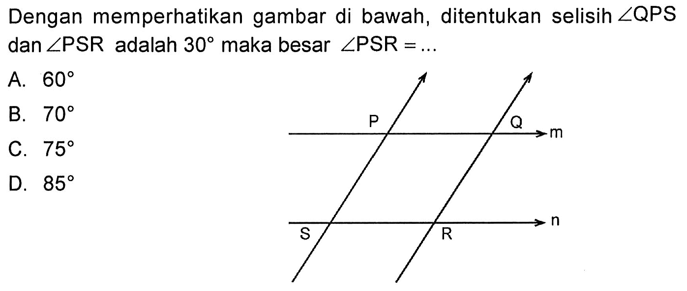 Dengan memperhatikan gambar di bawah, ditentukan selisih sudut QPS dan sudut PSR adalah 30 maka besar sudut PSR= ....P Q m S R n A. 60 
B. 70 
C. 75 
D. 85 