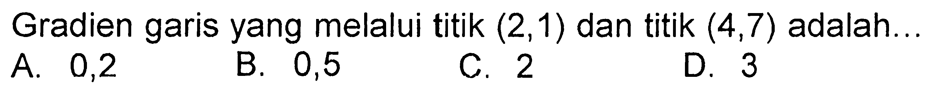 Gradien garis yang melalui titik (2, 1) dan titik (4, 7) adalah...