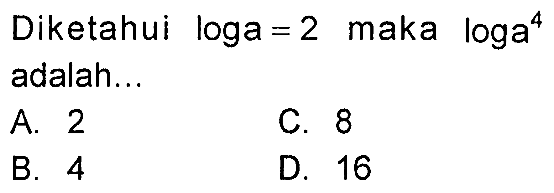 Diketahui loga=2 maka loga^4 adalah...