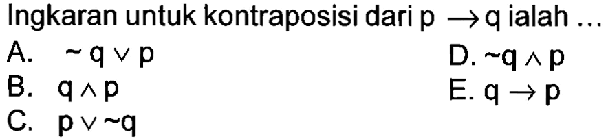 Ingkaran untuk kontraposisi dari p -> q ialah ...