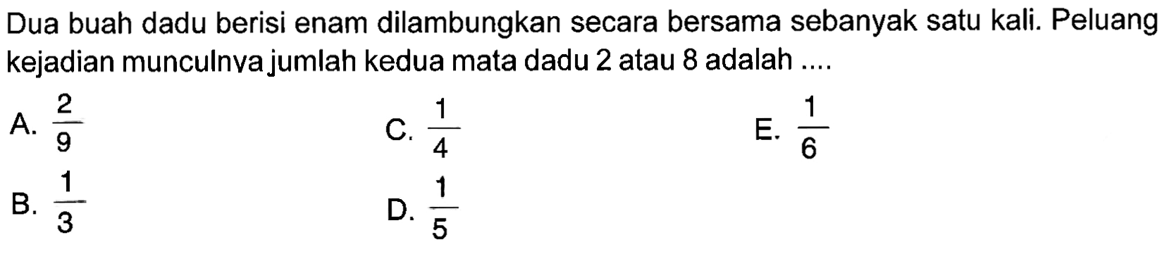 Dua buah dadu berisi enam dilambungkan secara bersama sebanyak satu kali. Peluang kejadian munculnva jumlah kedua mata dadu 2 atau 8 adalah ....