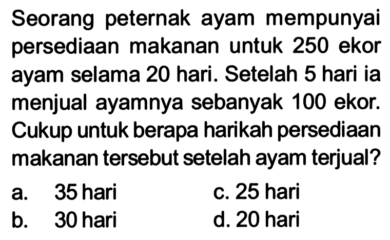 Seorang peternak ayam mempunyai persediaan makanan untuk 250 ekor ayam selama 20 hari. Setelah 5 hari ia menjual ayamnya sebanyak 100 ekor. Cukup untuk berapa harikah persediaan makanan tersebut setelah ayam terjual?