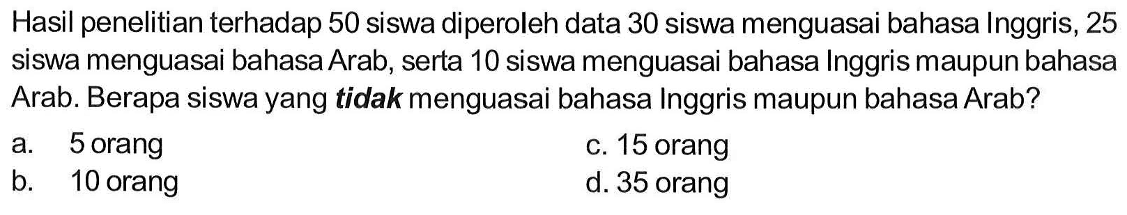 Hasil penelitian terhadap 50 siswa diperoleh data 30 siswa menguasai bahasa Inggris, 25 siswa menguasai bahasa Arab, serta 10 siswa menguasai bahasa Inggris maupun bahasa Arab. Berapa siswa yang tidak menguasai bahasa Inggris maupun bahasa Arab?...