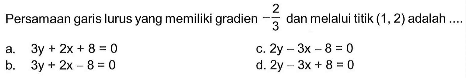 Persamaan garis lurus yang memiliki gradien -2/3 dan melalui titik (1, 2) adalah ...