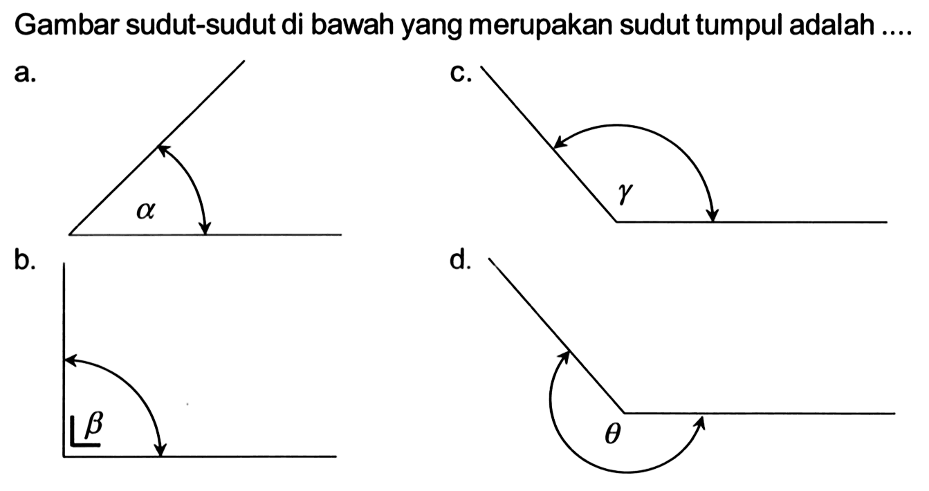 Gambar sudut-sudut di bawah yang merupakan sudut tumpul adalah ....a.C.b.d.