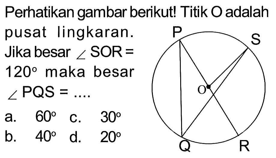 Perhatikan gambar berikut! Titik O adalah pusat lingkaran. Jika besar sudut SOR = 120 maka besar sudut PQS = ... 
a.  60 
c.  30 
b.  40 
d.  20 
P Q R S O