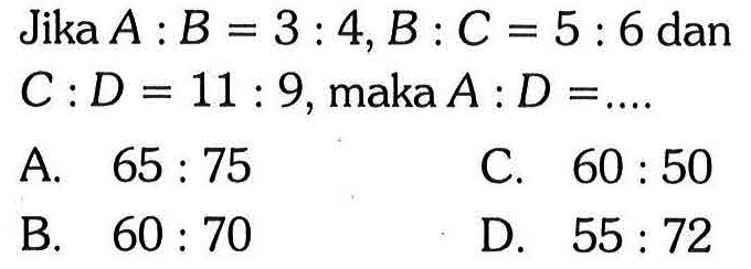 Jika A:B=3:4, B:C=5:6 dan C:D=11:9, maka  A:D=...    