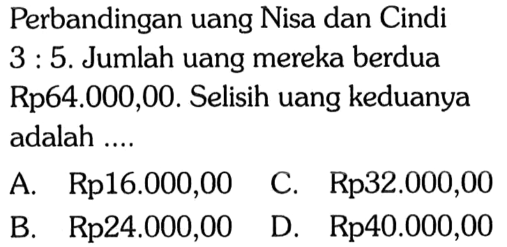 Perbandingan uang Nisa dan Cindi 3:5. Jumlah uang mereka berdua Rp64.000,00. Selisih uang keduanya adalah ....