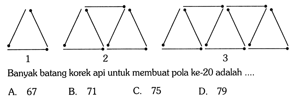 1 2 3 Banyak batang korek api untuk membuat pola ke-20 adalah ....