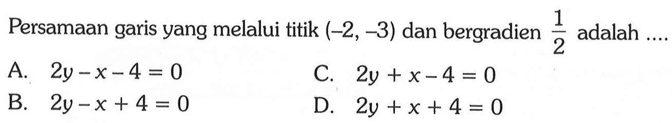 Persamaan garis yang melalui titik (-2,-3) dan bergradien 1/2 adalah ,,,,