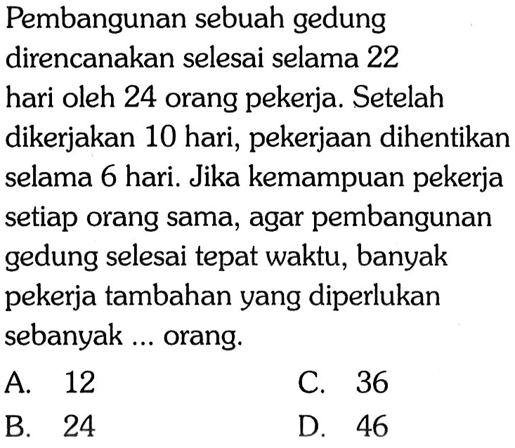 Pembangunan sebuah gedung direncanakan selesai selama 22 hari oleh 24 orang pekerja. Setelah dikerjakan 10 hari, pekerjaan dihentikan selama 6 hari. Jika kemampuan pekerja setiap orang sama, agar pembangunan gedung selesai tepat waktu, banyakpekerja tambahan yang diperlukan sebanyak...orang.   