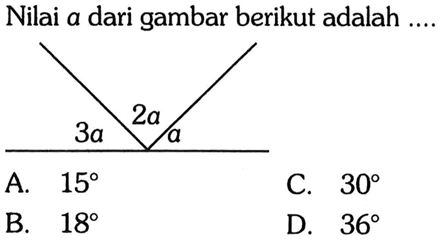 Nilai a dari gambar berikut adalah .... 3a 2a aA. 15 B. 18 C. 30 D. 36