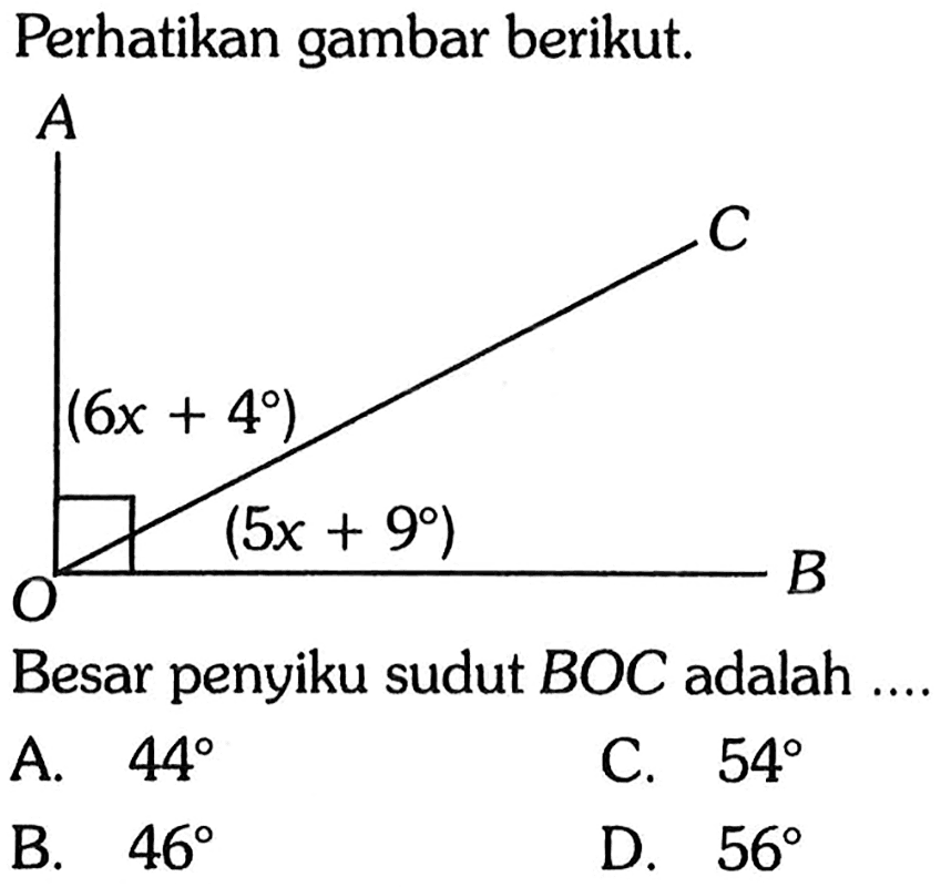 Perhatikan gambar berikut.
Besar penyiku sudut BOC adalah ....
