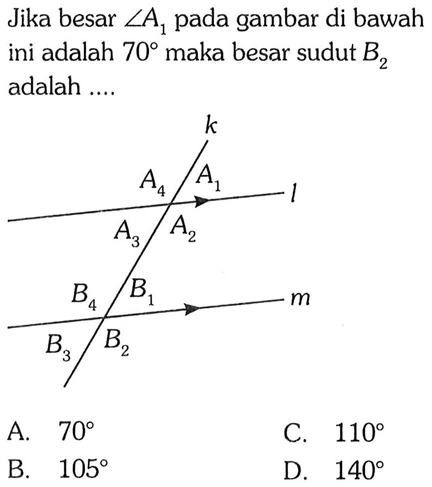 Jika besar sudut A1 pada gambar di bawah ini adalah 70 maka besar sudut B2 adalah ....A.  70 C.  110 B.  105 D.  140 