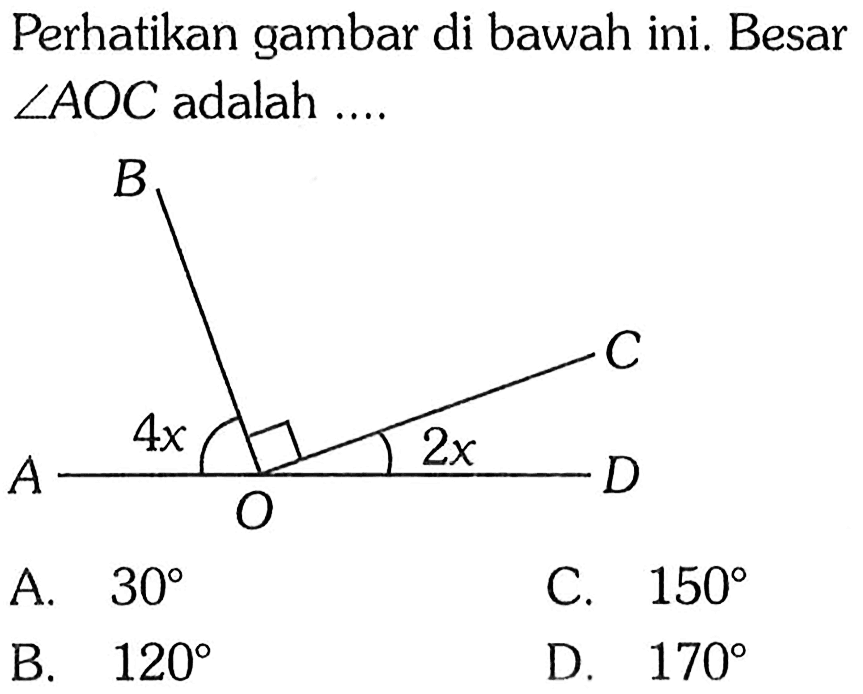 Perhatikan gambar di bawah ini. A B C D 4x 2x Besar  sudut AOC  adalah ....A.  30 C.  150 B.  120 D.  170 