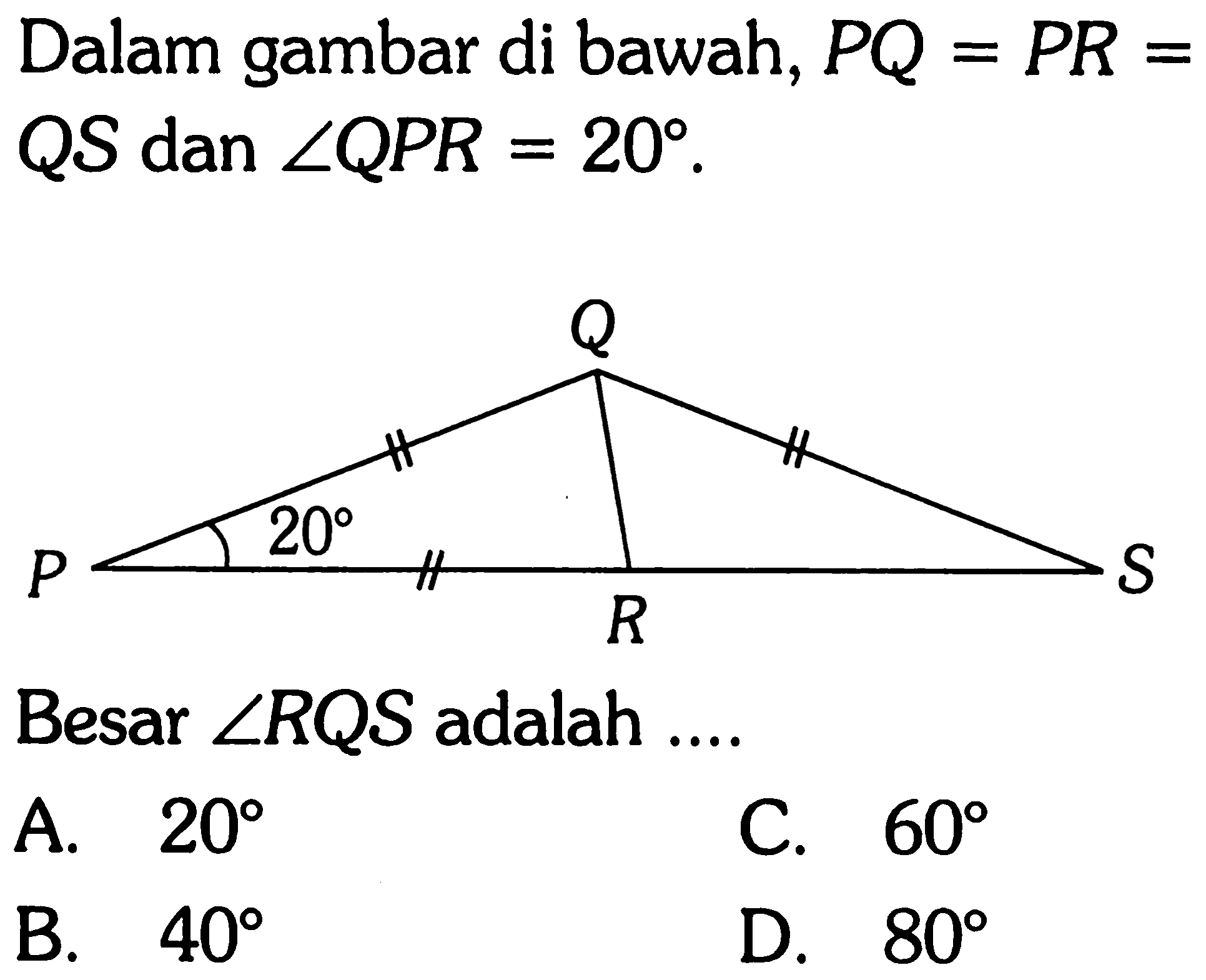 Dalam gambar di bawah, PQ = PR = QS dan sudut QPR = 20.
Q
20
P R S
Besar sudut RQS adalah ....