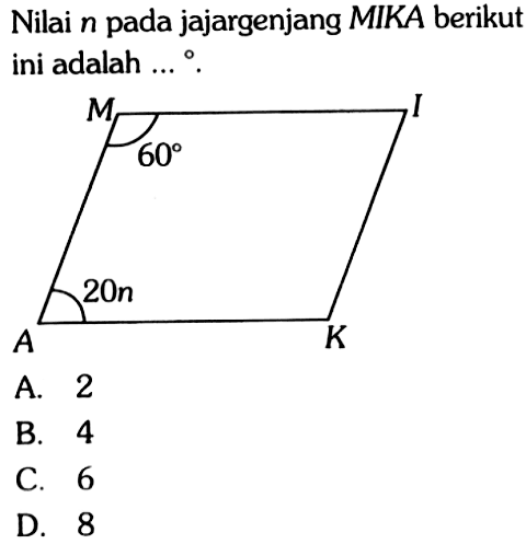 Nilai n pada jajargenjang MIKA berikut ini adalah .... 
M 60 I A 20n K