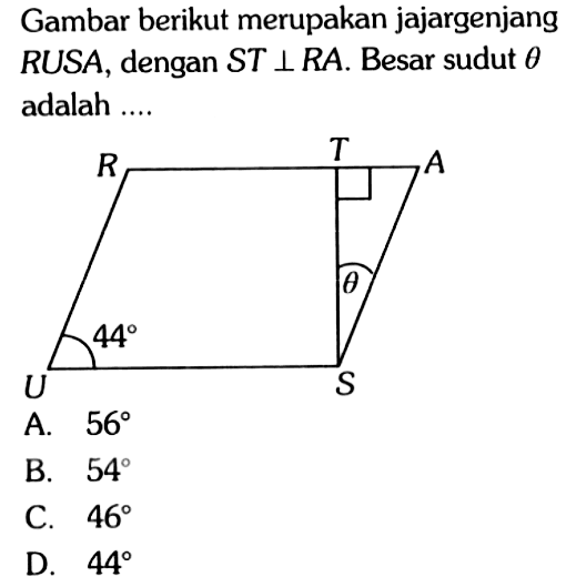 Gambar berikut merupakan jajargenjang  RUSA , dengan  ST tegak lurus RA . Besar sudut  theta  adalah .... R T A 44 theta U S