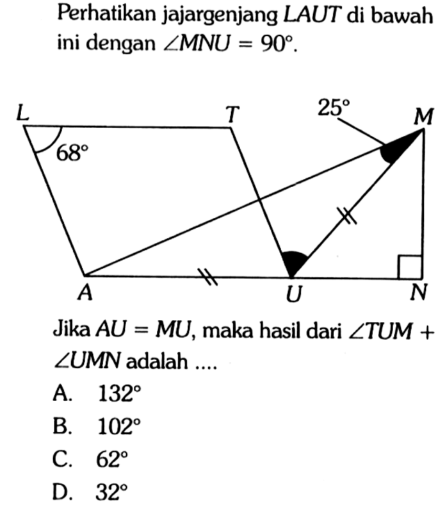 Perhatikan jajargenjang LAUT di bawah ini dengan sudut MNU=90 LATUMN 68 25 Jika AU=MU, maka hasil dari sudut TUM+ sudut UMN adalah .... A. 132 B. 102 C. 62 D. 32