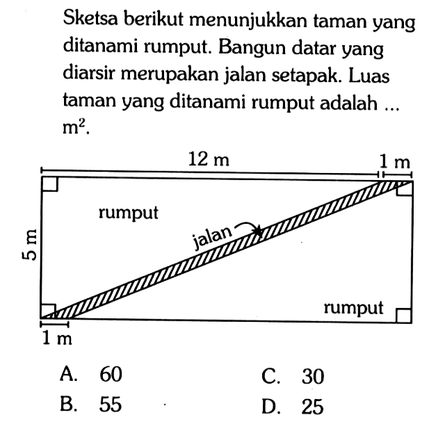 Sketsa berikut menunjukkan taman yang ditanami rumput. Bangun datar yang diarsir merupakan jalan setapak. Luas taman yang ditanami rumput adalah ... m^2. 
12 m 1 m 5 m rumput jalan 1 m rumput