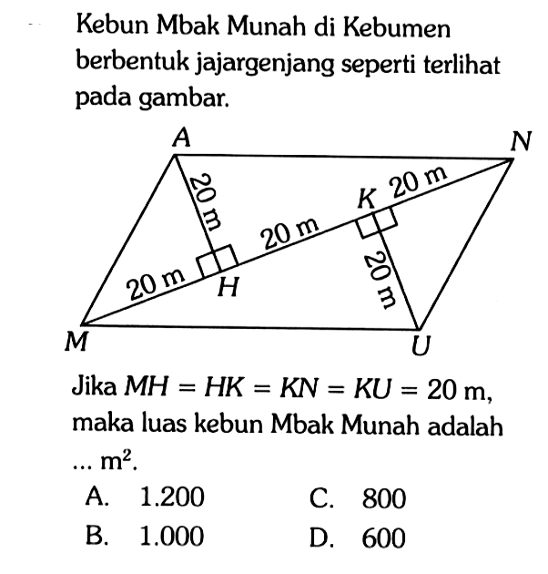 Kebun Mbak Munah di Kebumen berbentuk jajargenjang seperti terlihat pada gambar.A N 20 m 20 m K 20 m 20 m H 20 m M U Jika  MH=HK=KN=KU=20 m, maka luas kebun Mbak Munah adalah ...  m^2 . 