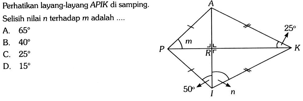 Perhatikan layang-layang APIK di samping. Selisih nilai n terhadap m adalah .... 
A P m 25 K R 50 n I