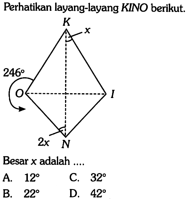 Perhatikan layang-layang KINO berikut.
K
x
246
O I
2x N
Besar  x  adalah....