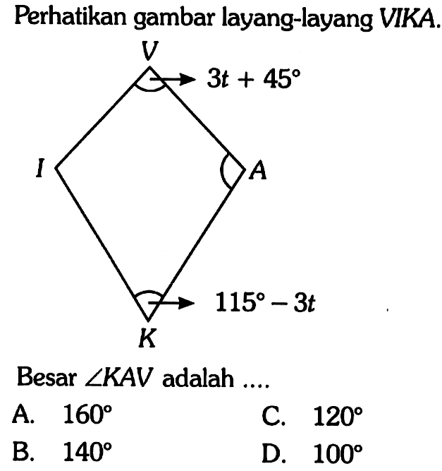 Perhatikan gambar layang-layang VIKA.
V
3t + 45
I A
115 + 3t
K
Besar sudut KAV adalah ....