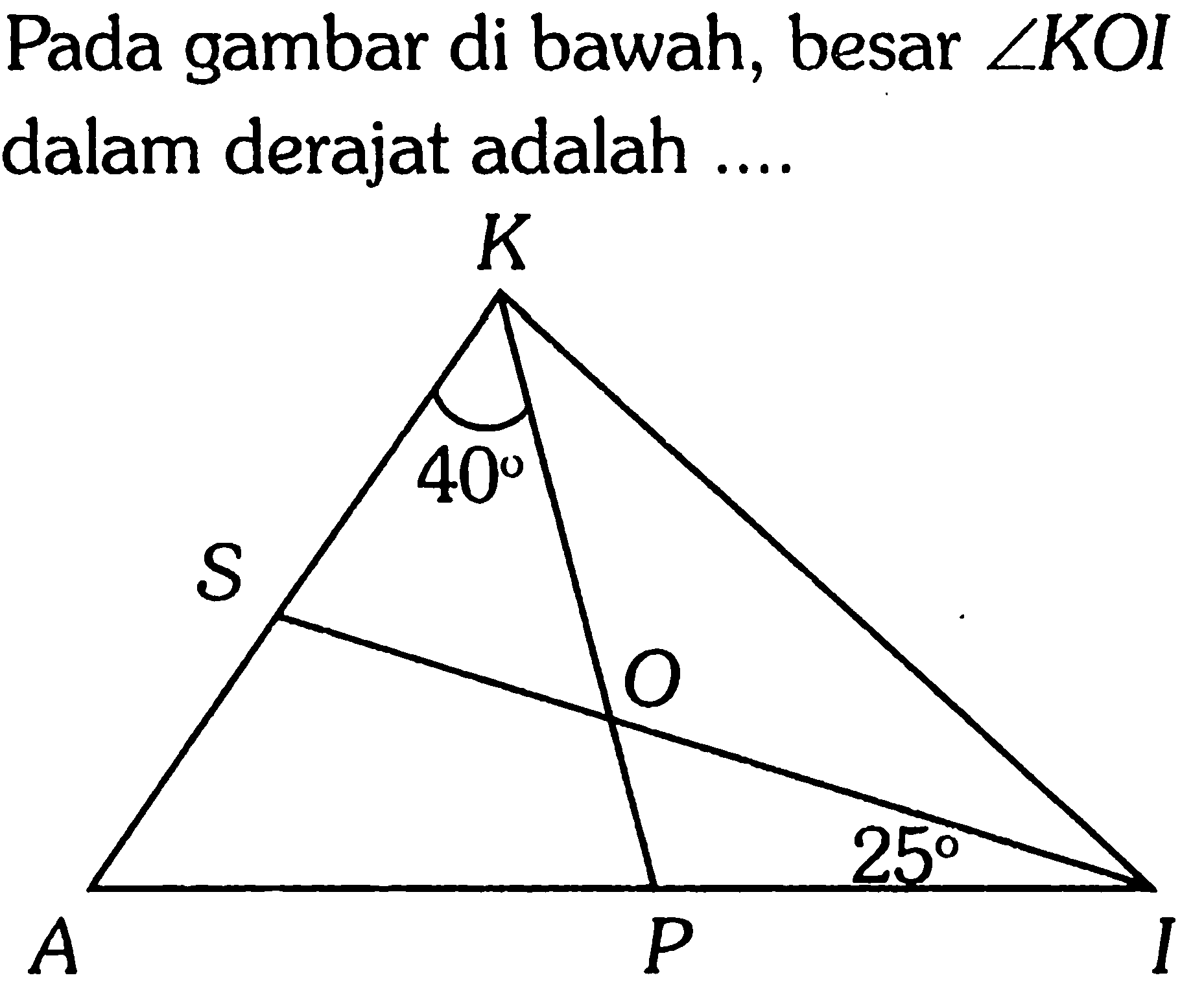 Pada gambar di bawah, besar sudut KOI dalam derajat adalah .... 
K 40 S O 25 A P I