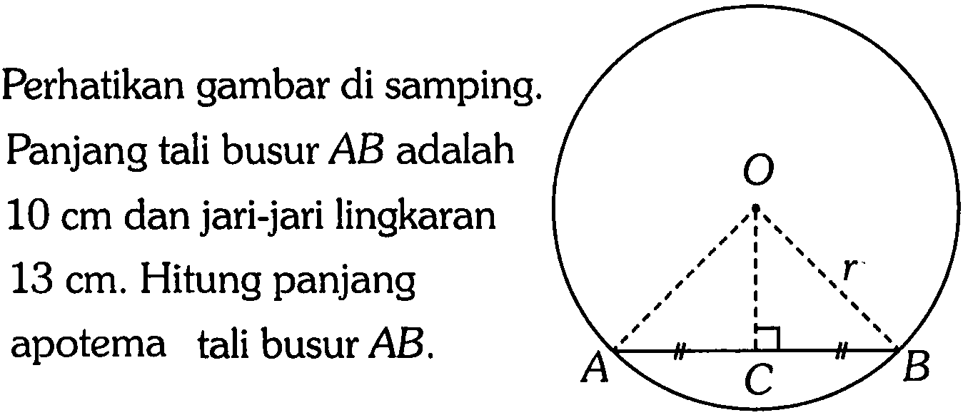 Perhatikan gambar di samping. Panjang tali busur  AB adalah  10 cm  dan jari-jari lingkaran  13 cm . Hitung panjang apotema tali busur  AB.O r A C B