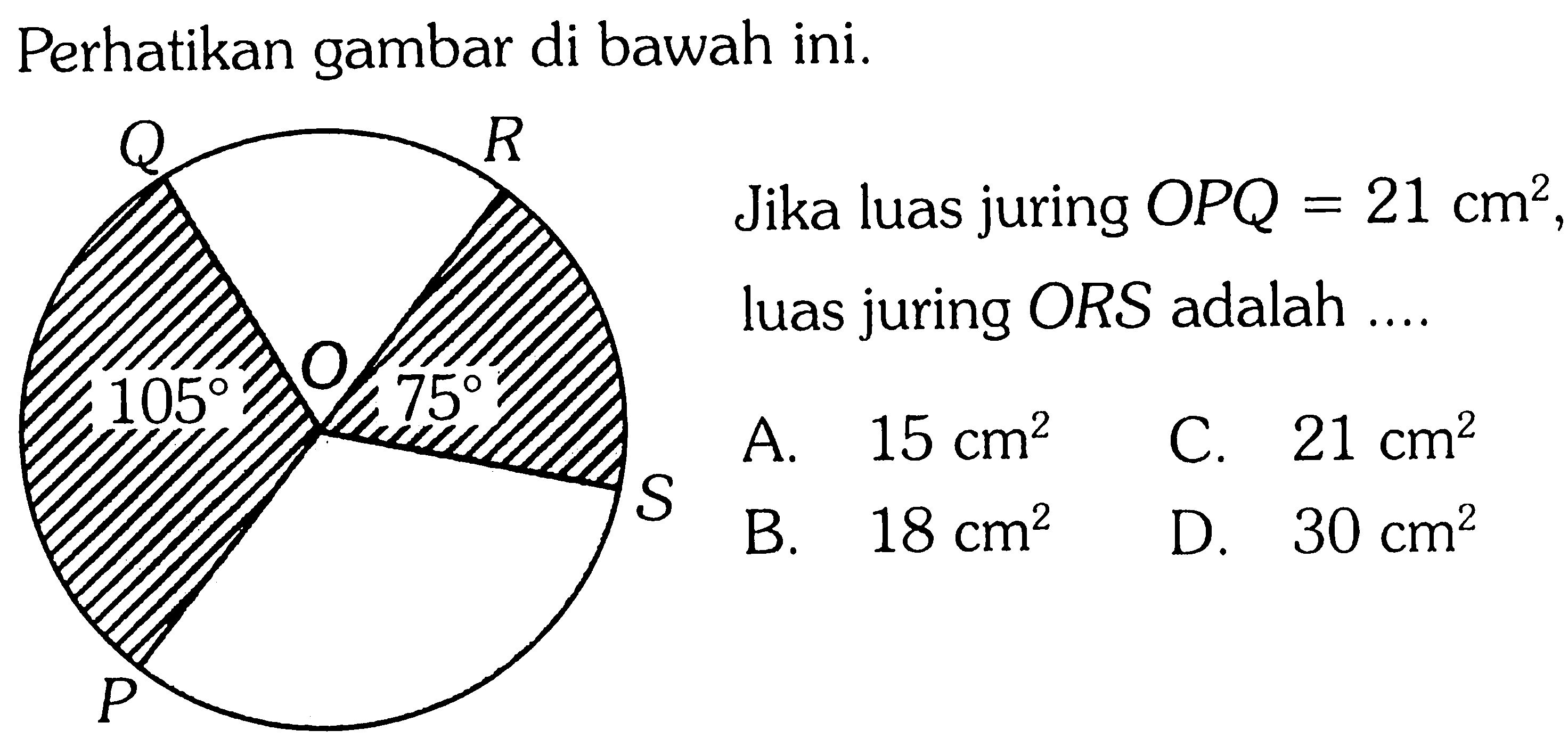 Perhatikan gambar di bawah ini. Q R 105 75 S QJika luas juring OPQ=21 cm^2, luas juring ORS adalah ....