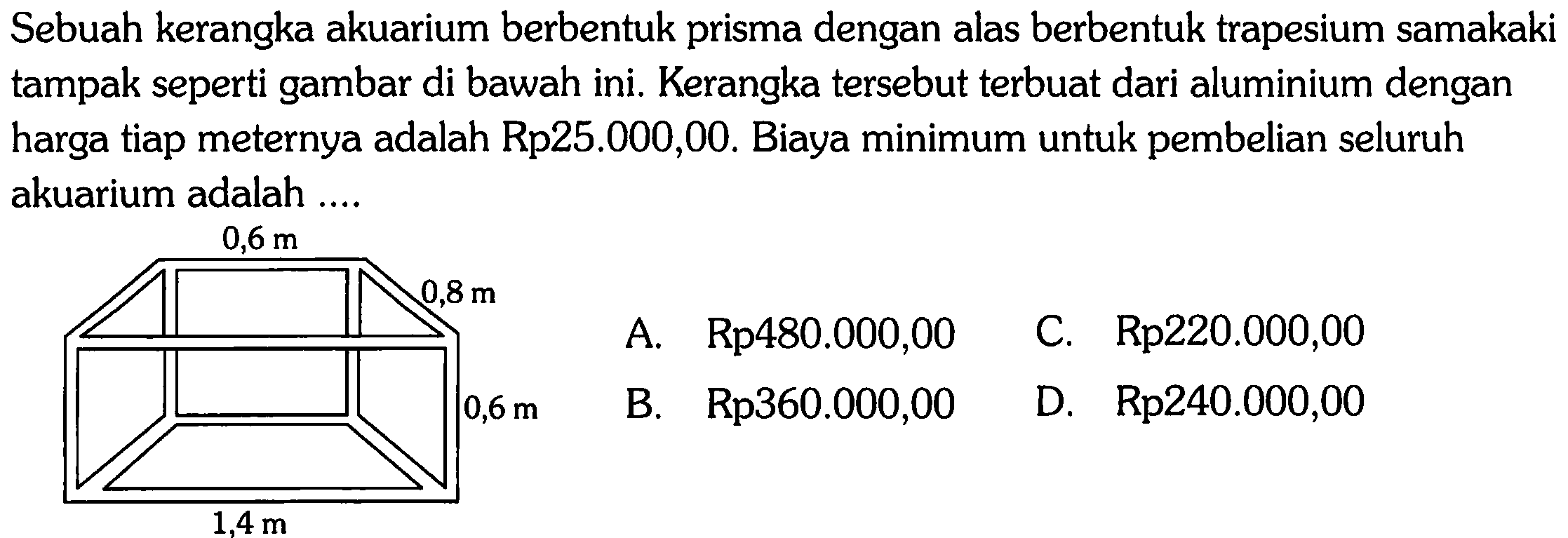 Sebuah kerangka akuarium berbentuk prisma dengan alas berbentuk trapesium samakaki tampak seperti gambar di bawah ini. Kerangka tersebut terbuat dari aluminium dengan harga tiap meternya adalah Rp25.000,00. Biaya minimum untuk pembelian seluruh akuarium adalah ....