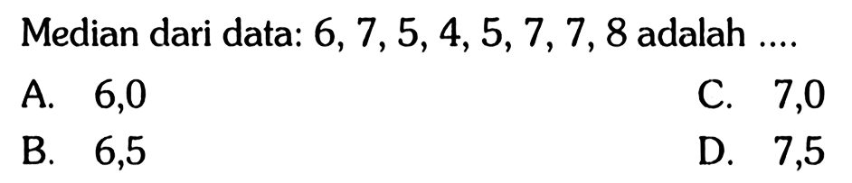 Median dari data:6,7,5,4,5,7,7,8 adalah....