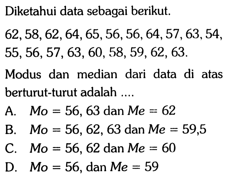 Diketahui data sebagai berikut.
62, 58, 62, 64, 65, 56, 56, 64, 57, 63, 54, 55, 56, 57, 63, 60, 58, 59, 62, 63.
Modus dan median dari data di atas berturut-turut adalah ....