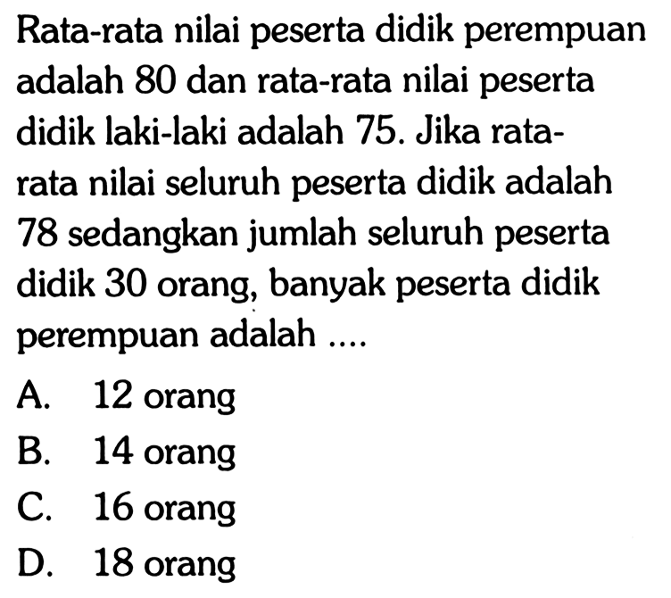 Rata-rata nilai peserta didik perempuan adalah 80 dan rata-rata nilai peserta didik laki-laki adalah 75. Jika ratarata nilai seluruh peserta didik adalah 78 sedangkan jumlah seluruh peserta didik 30 orang, banyak peserta didik perempuan adalah....