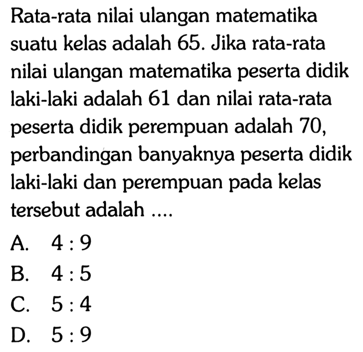 Rata-rata nilai ulangan matematika suatu kelas adalah 65. Jika rata-rata nilai ulangan matematika peserta didik laki-laki adalah 61 dan nilai rata-rata peserta didik perempuan adalah 70, perbandingan banyaknya peserta didik laki-laki dan perempuan pada kelas tersebut adalah ....