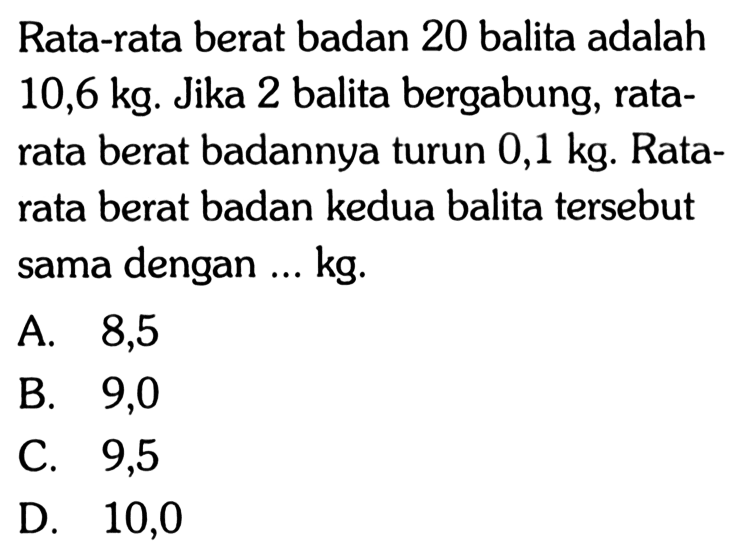 Rata-rata berat badan 20 balita adalah 10,6 kg. Jika 2 balita bergabung, rata-rata berat badannya turun 0,1 kg. Rata-rata berat badan kedua balita tersebut sama dengan ... kg.