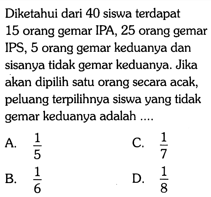 Diketahui dari 40 siswa terdapat 15 orang gemar IPA, 25 orang gemar IPS, 5 orang gemar keduanya dan sisanya tidak gemar keduanya. Jika akan dipilih satu orang secara acak, peluang terpilihnya siswa yang tidak gemar keduanya adalah ....