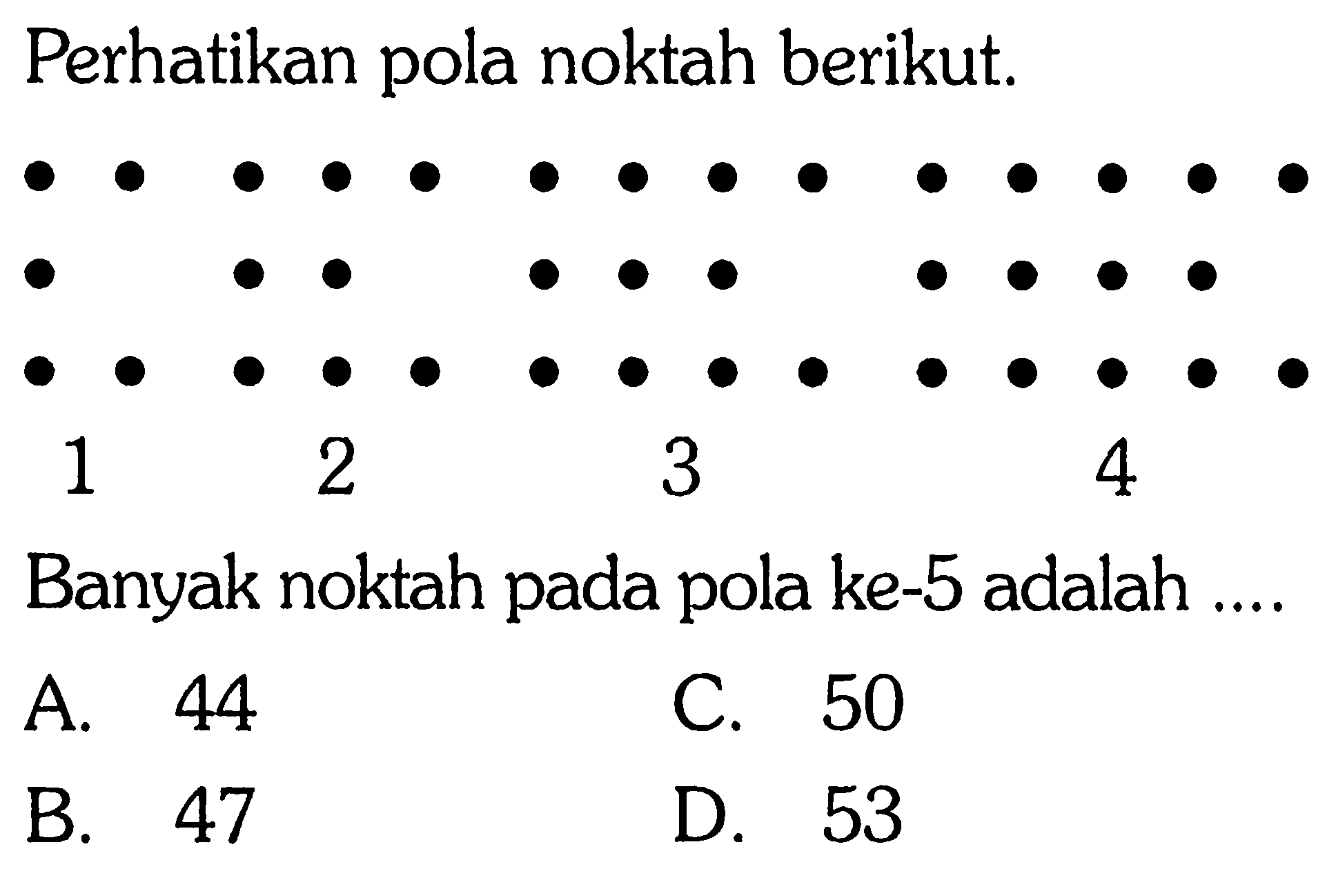 Perhatikan pola noktah berikut. 1 2 3 4Banyak noktah pada pola ke-5 adalah ...