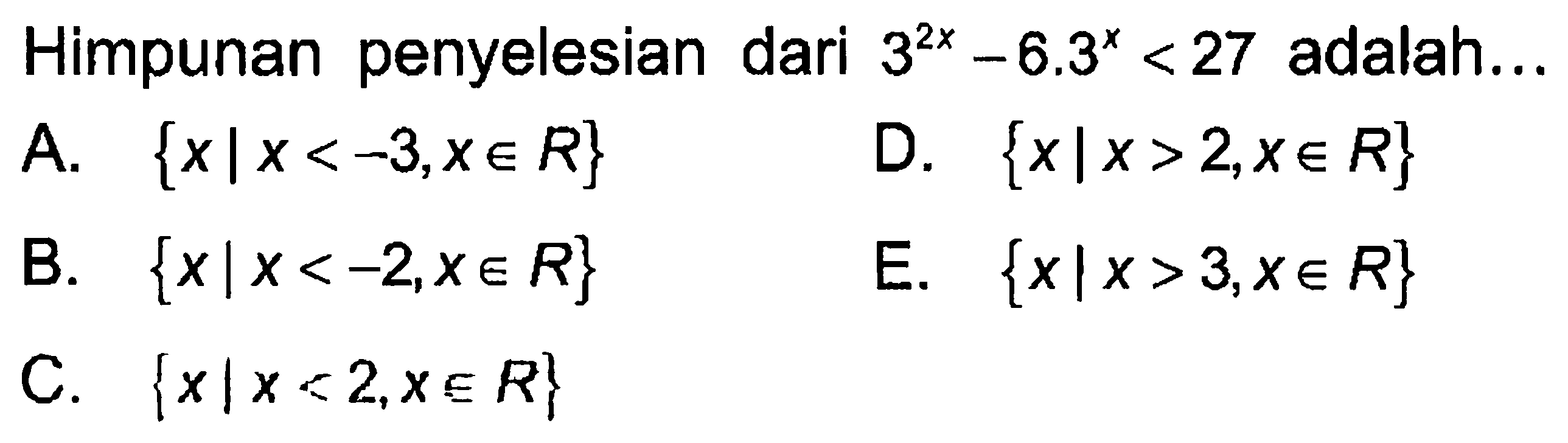 Himpunan penyelesaian dari 3^(2x)-6.3^x<27 adalah....