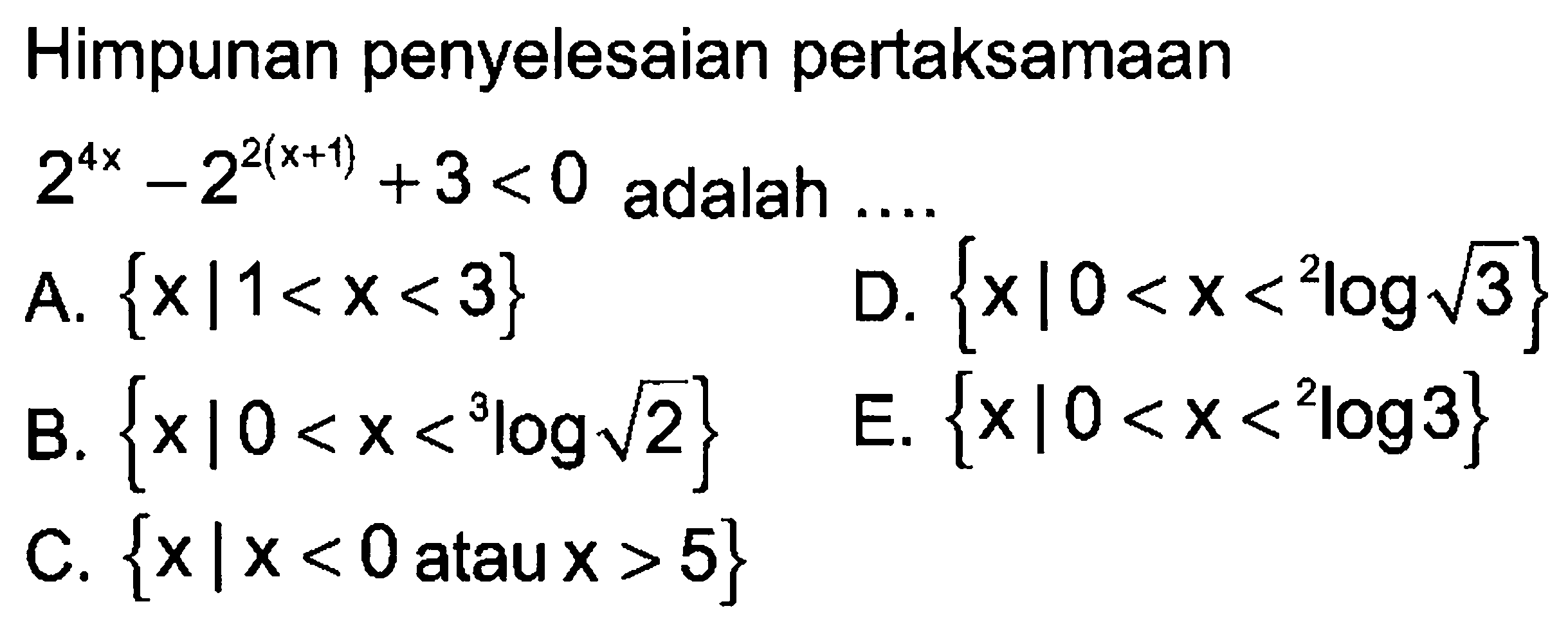 Himpunan penyelesaian pertaksamaan 2^(4x)-2^2(x+1)+3<0 adalah....