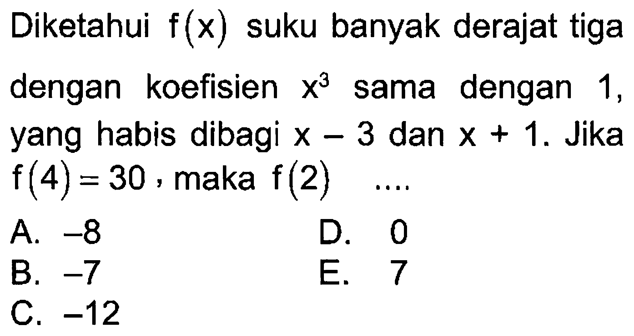 Diketahui f(x) suku banyak derajat tiga dengan koefisien x^3 sama dengan 1, yang habis dibagi x-3 dan x+1. Jika f(4)=30, maka f(2) ...